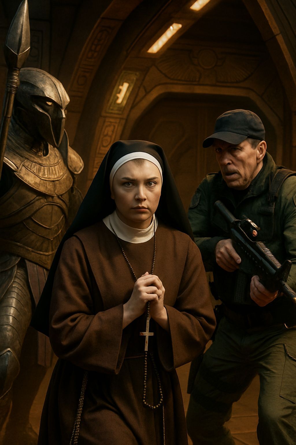 Nun and Soldier Fight Jaffa on Egyptian Spaceship