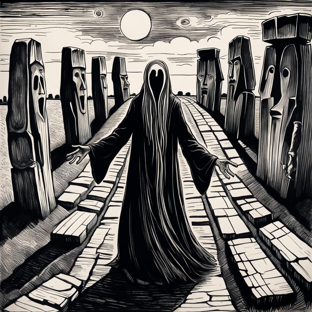 Banshee Screaming at Stonehenge in Horror Manga Style