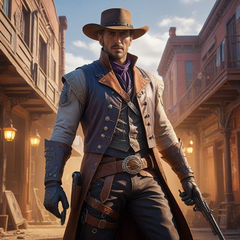 Cybernetic Gunslinger in Sunset Western Saloon