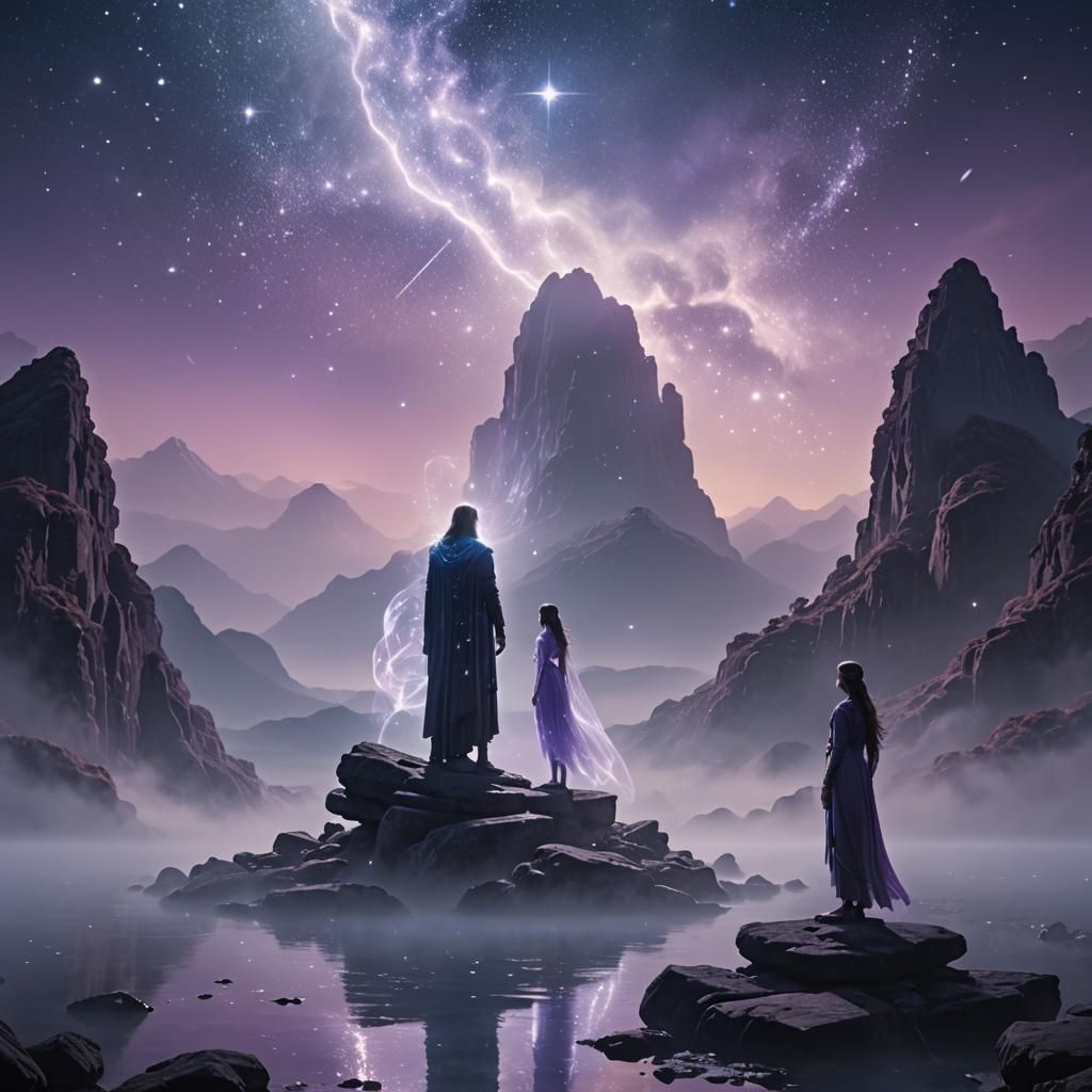 Ethereal Figures in Moonlit Mystical Landscape