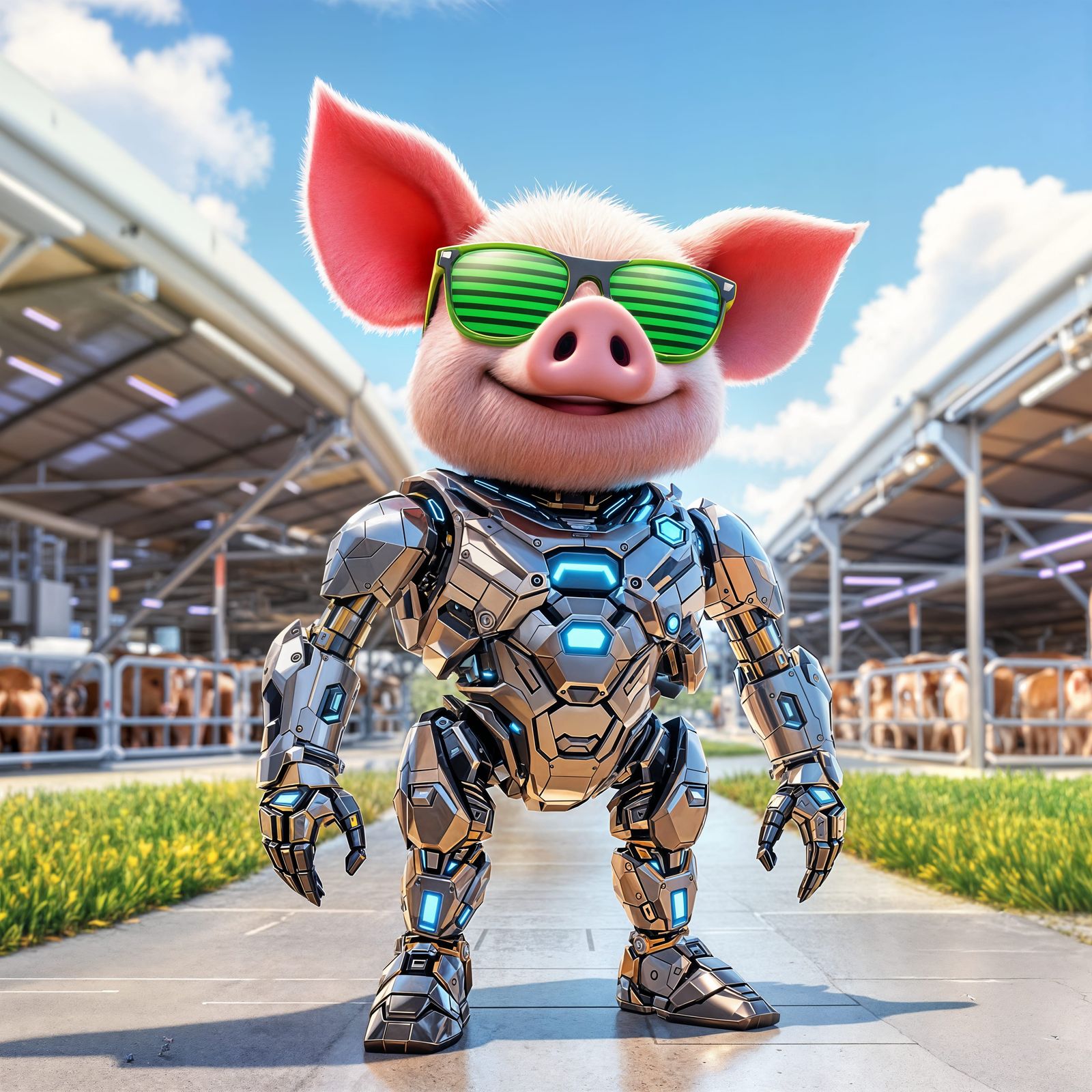 Cyborg Pig Explores High-Tech Barn in Sunny CGI Cartoon