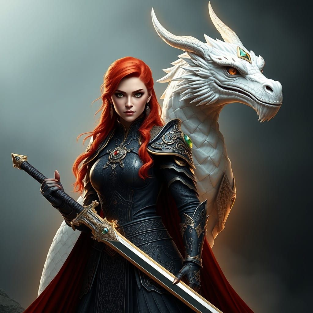Fiery Redhead Warrior with Majestic White Dragon Companion