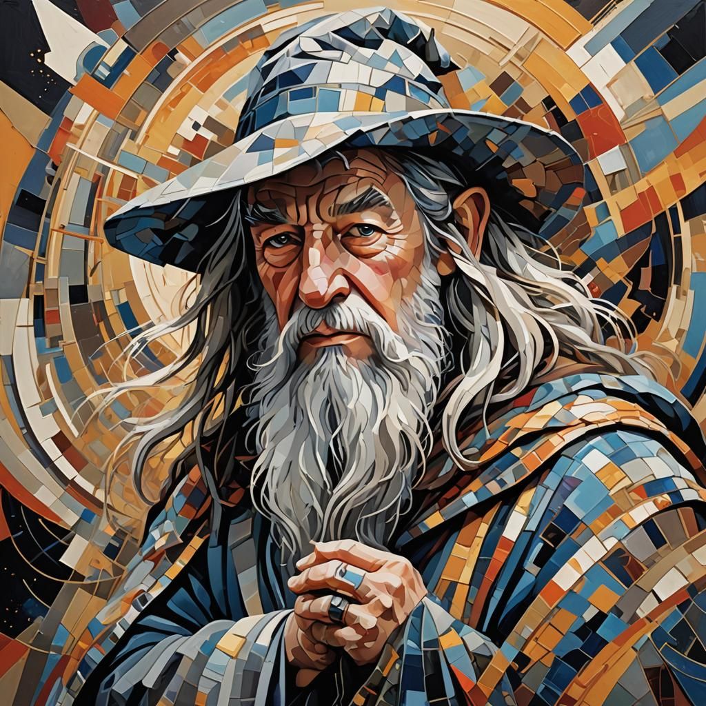 Cubist Gandalf with Geometric Forms and Metallic Accents