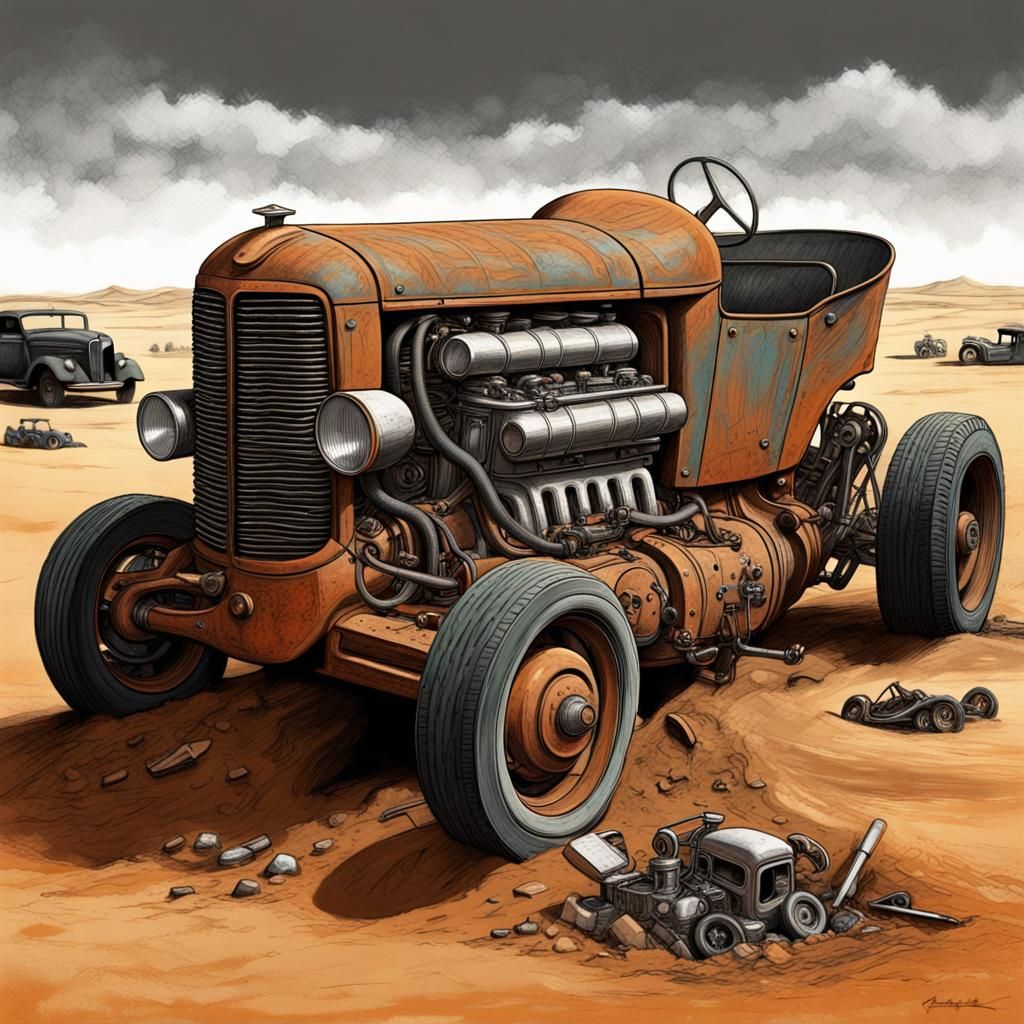 Vintage Racing Engine in Desert Black Line Art