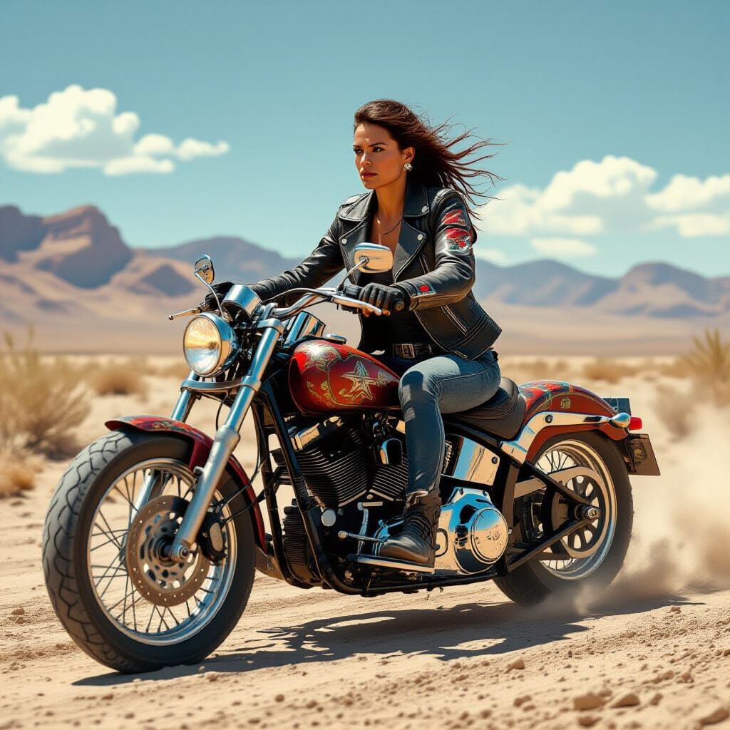 Woman Rides Custom Motorcycle Through Sun-Baked Desert