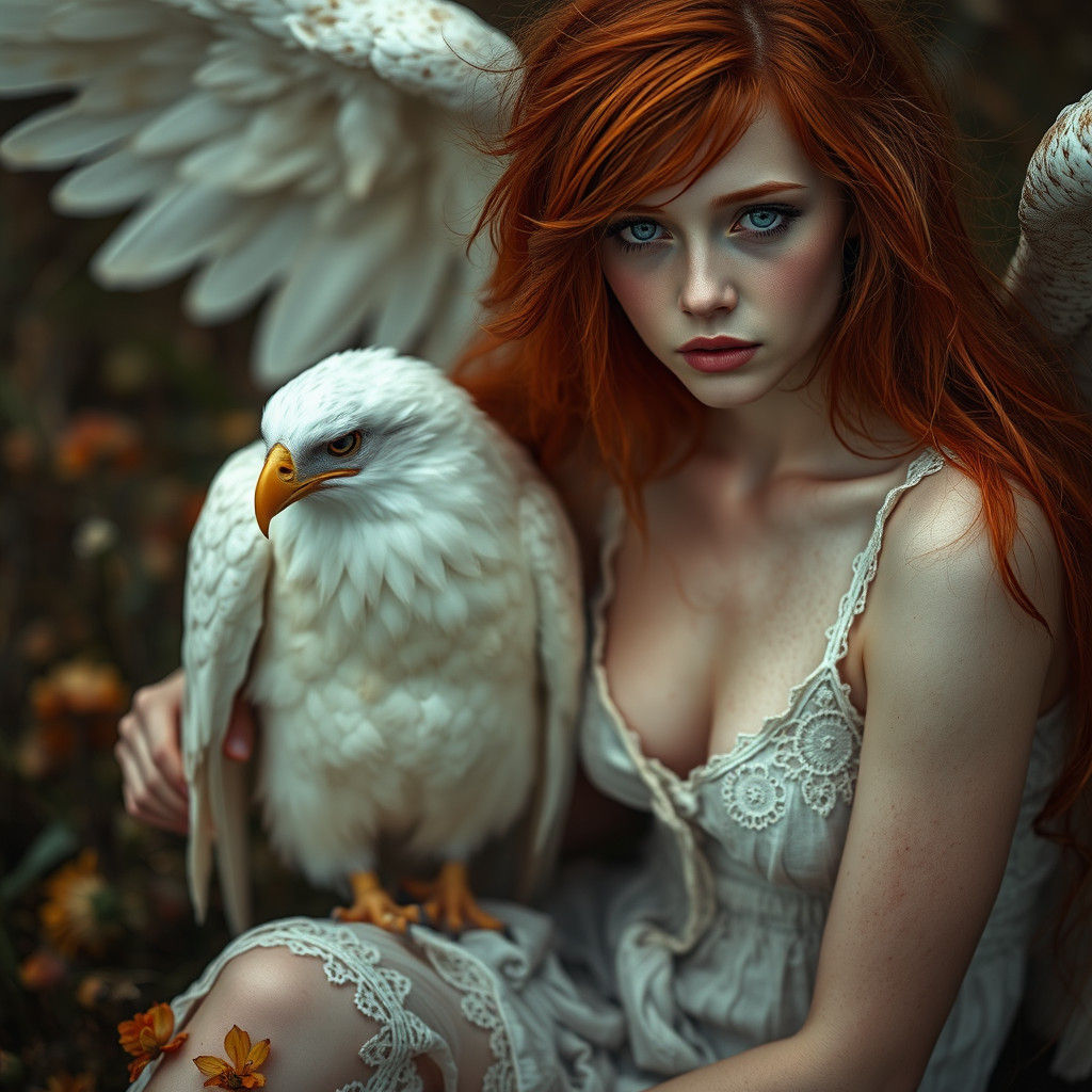 Ethereal Fallen Angel in Soft Focus with Vibrant Red Hair