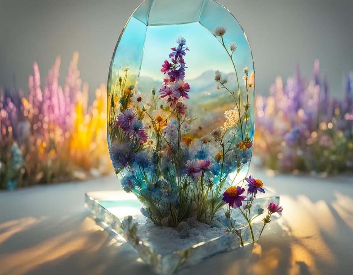 Resin Stained Glass Flower Meadow in Digital Watercolor