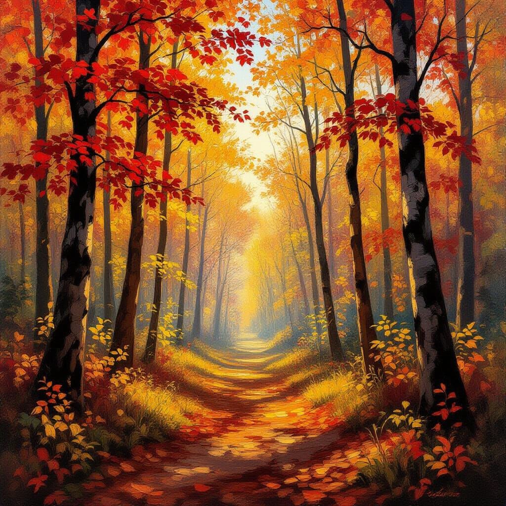 Autumn Forest Sunlight Dappled in Impressionist Style