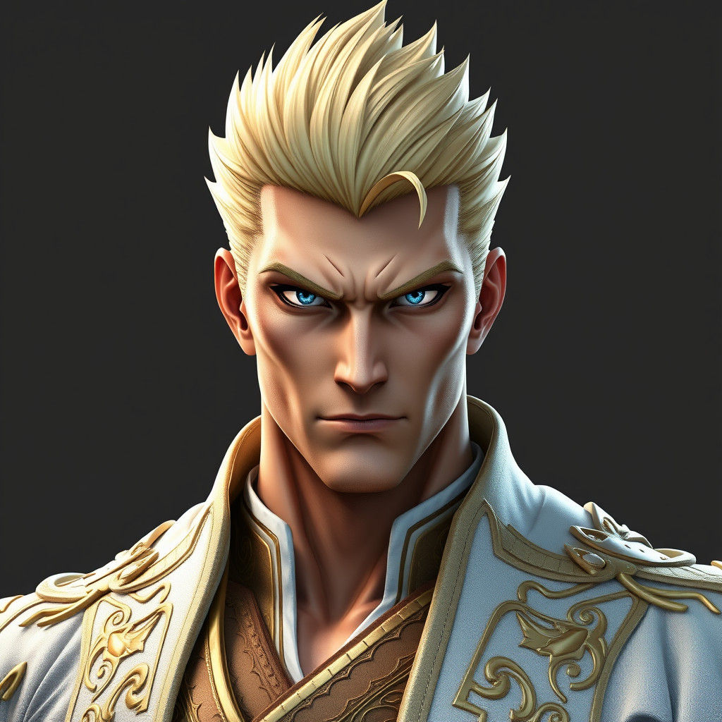 Imposing Blond Man in Gold and White Anime Style
