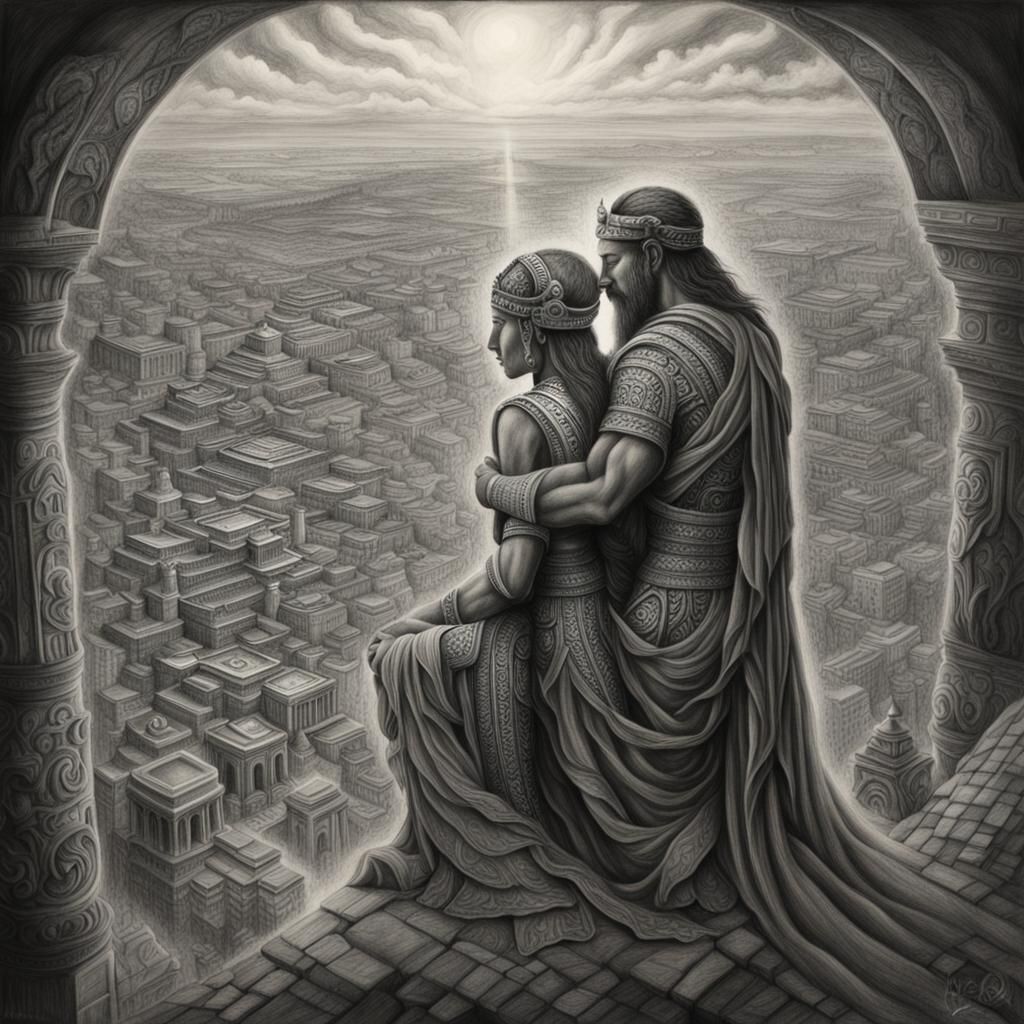 God and Goddess Overlook Civilization in Charcoal