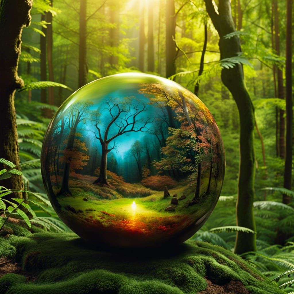 Enchanted Forest Clearing with Glass Sphere, Digital Paintin...