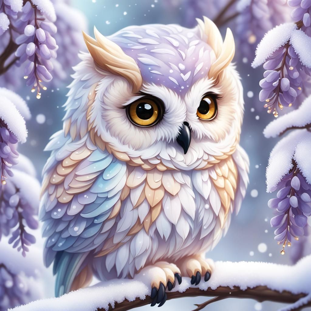 Chibi Owl on Wisteria Branch in Watercolor Style