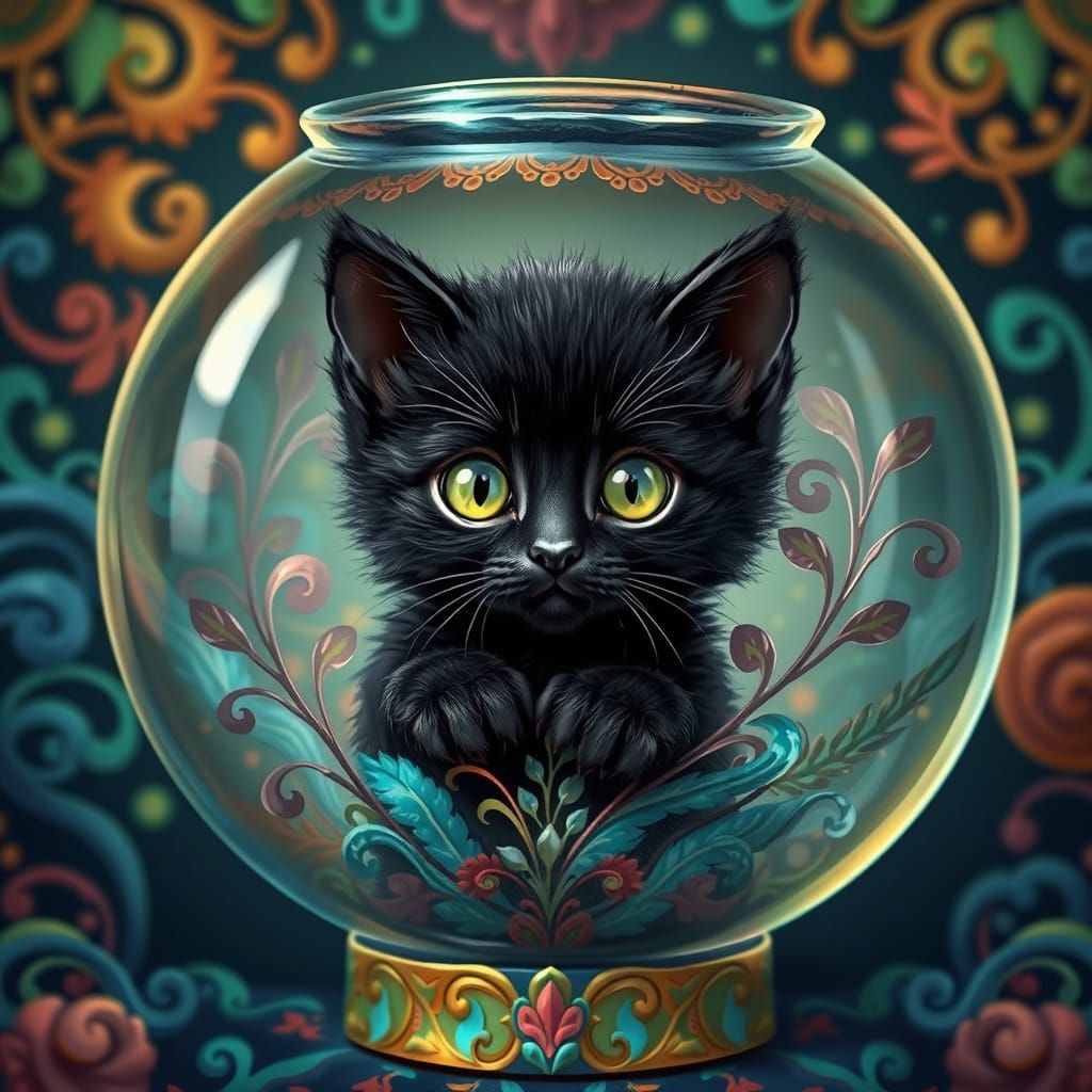 Whimsical Fantasy Kitten in Ornate Fishbowl Scene