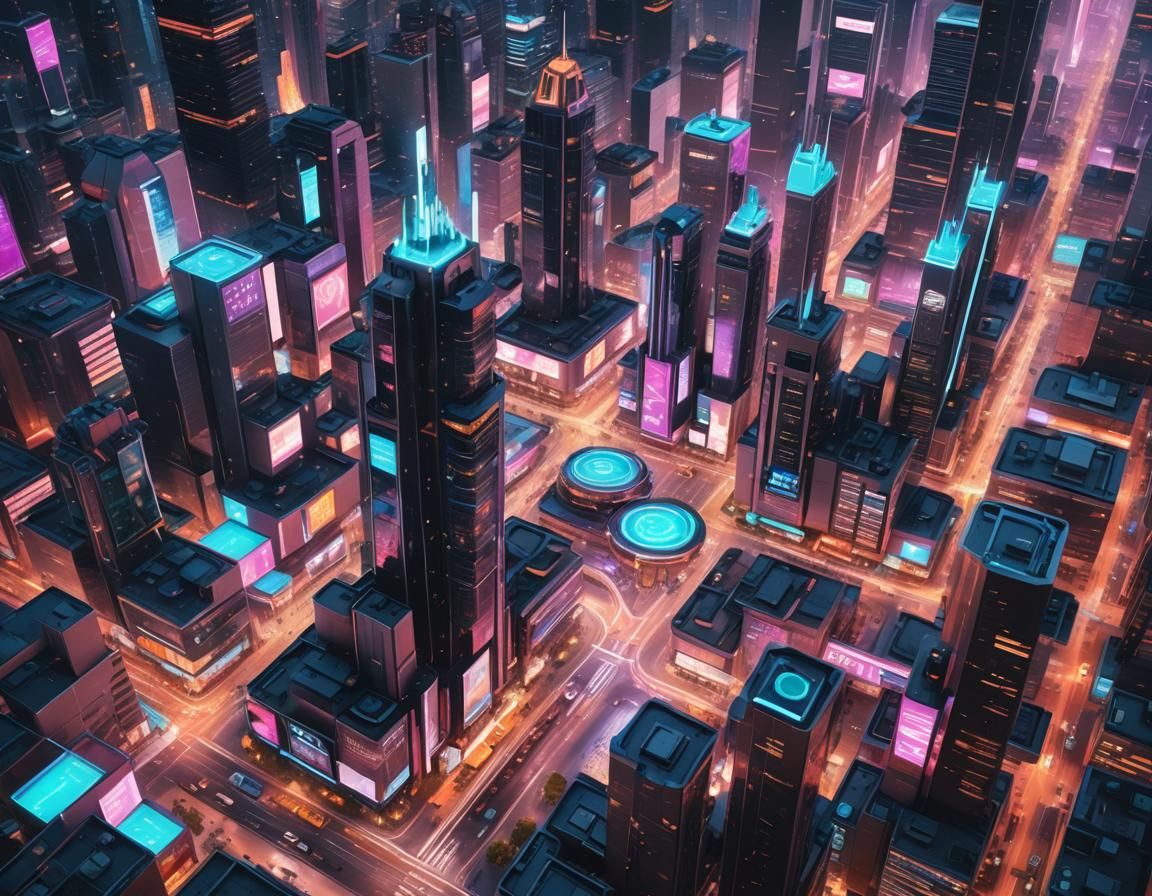 Cyberpunk Cityscape with Robots and Flying Cars