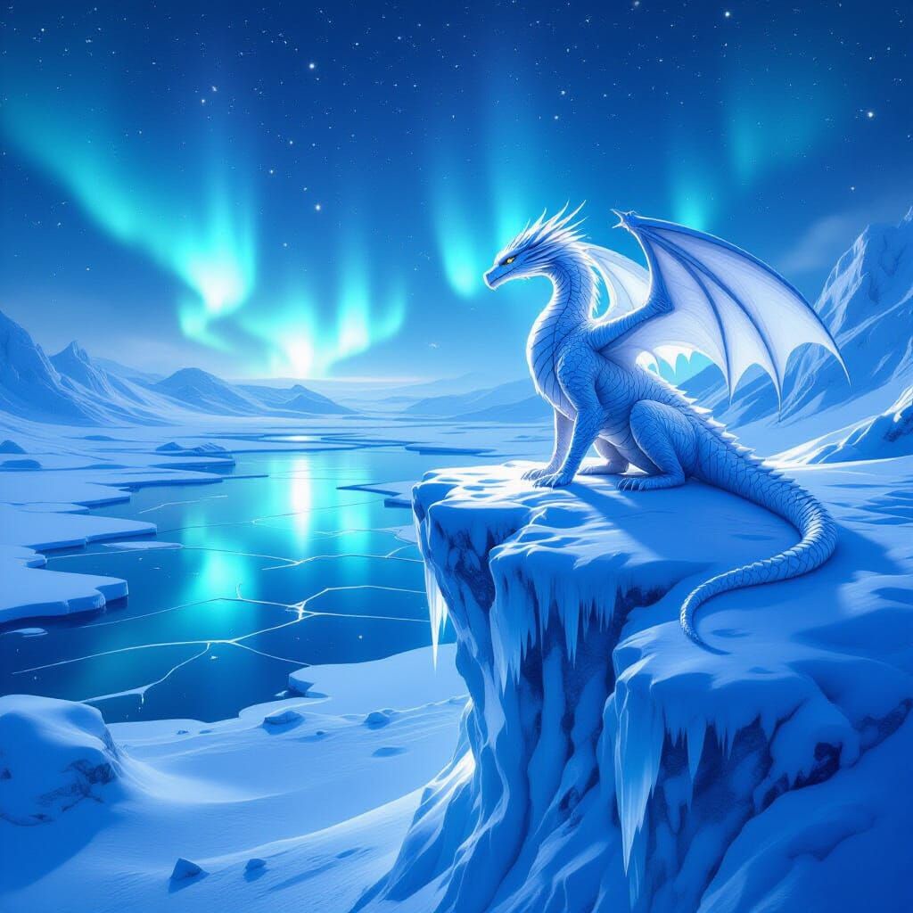 Icy Dragon Perched on Snowy Cliff: 3D Render