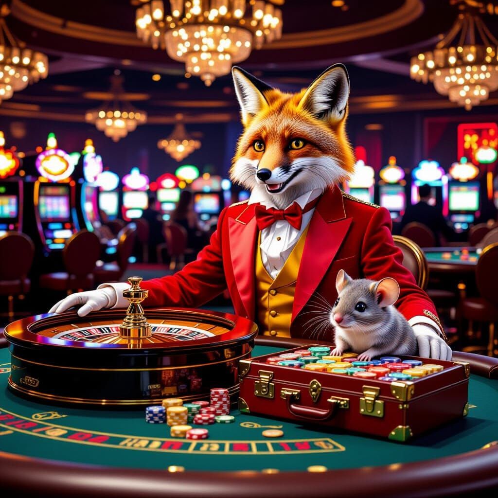 Fox Croupier and Mouse Jackpot in Casino Scene