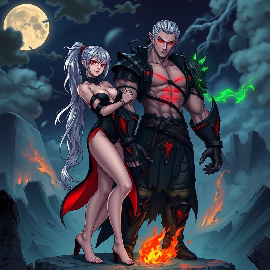Vampire Couple in Ruined City, Anime Style