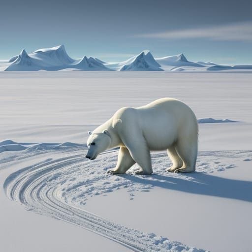 Naturalist painting. A polar bear making tracks in the snow across a snowy Antarctic landscape in glaring light.