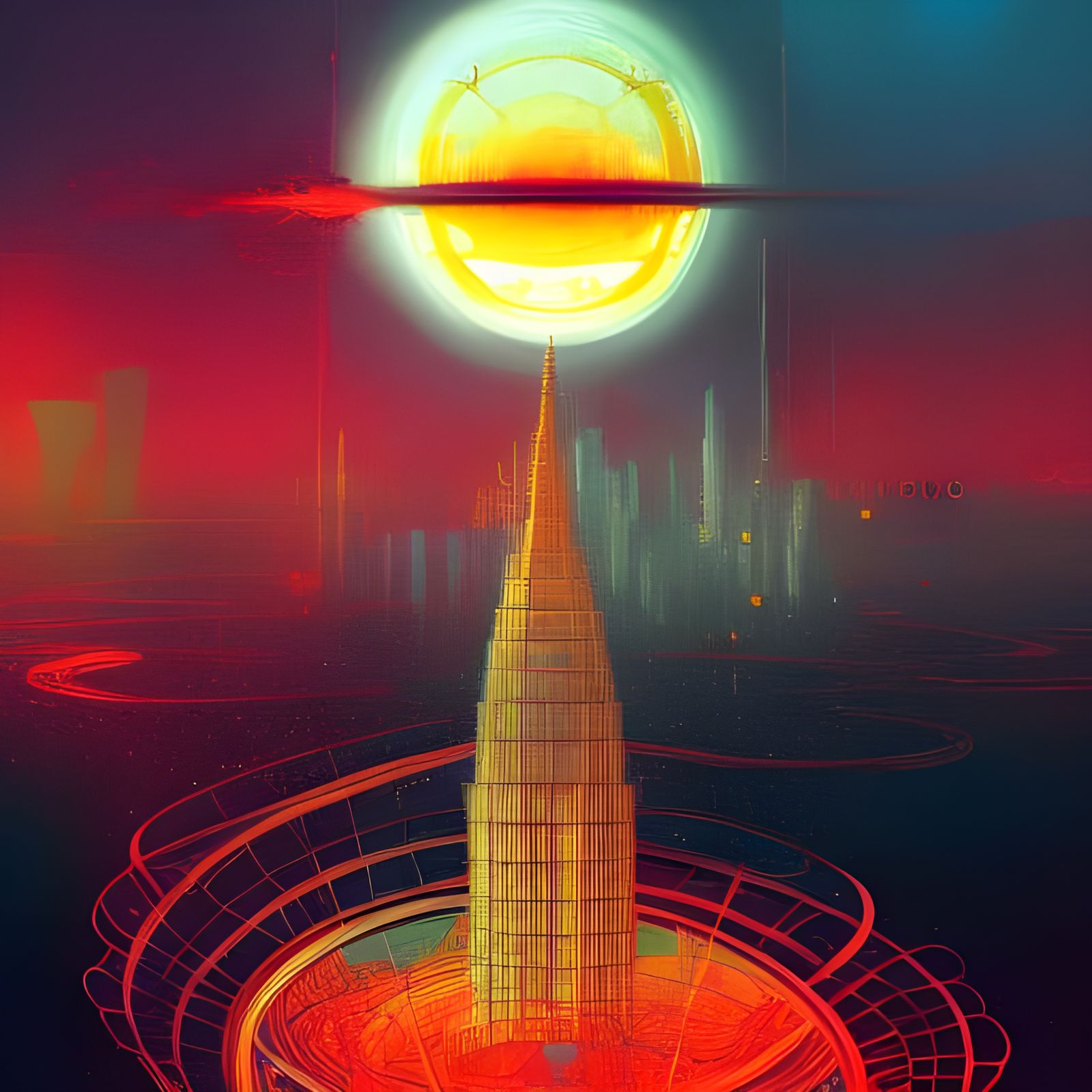 Futuristic Tower City in Space, Cel-Shaded Digital Art