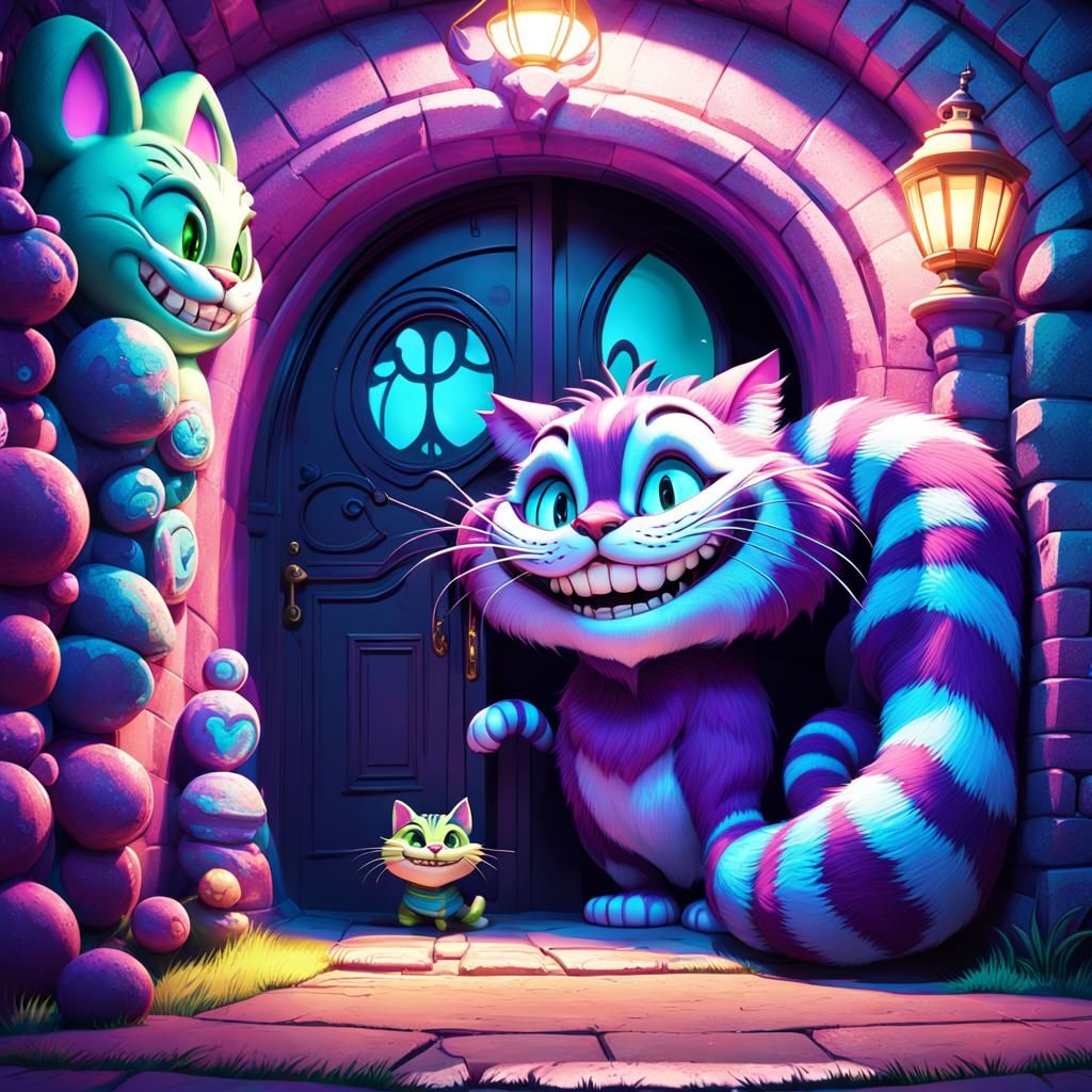 Alice and Cheshire Cat Opening Door: 3D Digital Art