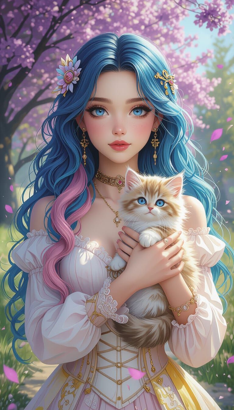 Steampunk Anime Girl with Kitten in Blossom Park