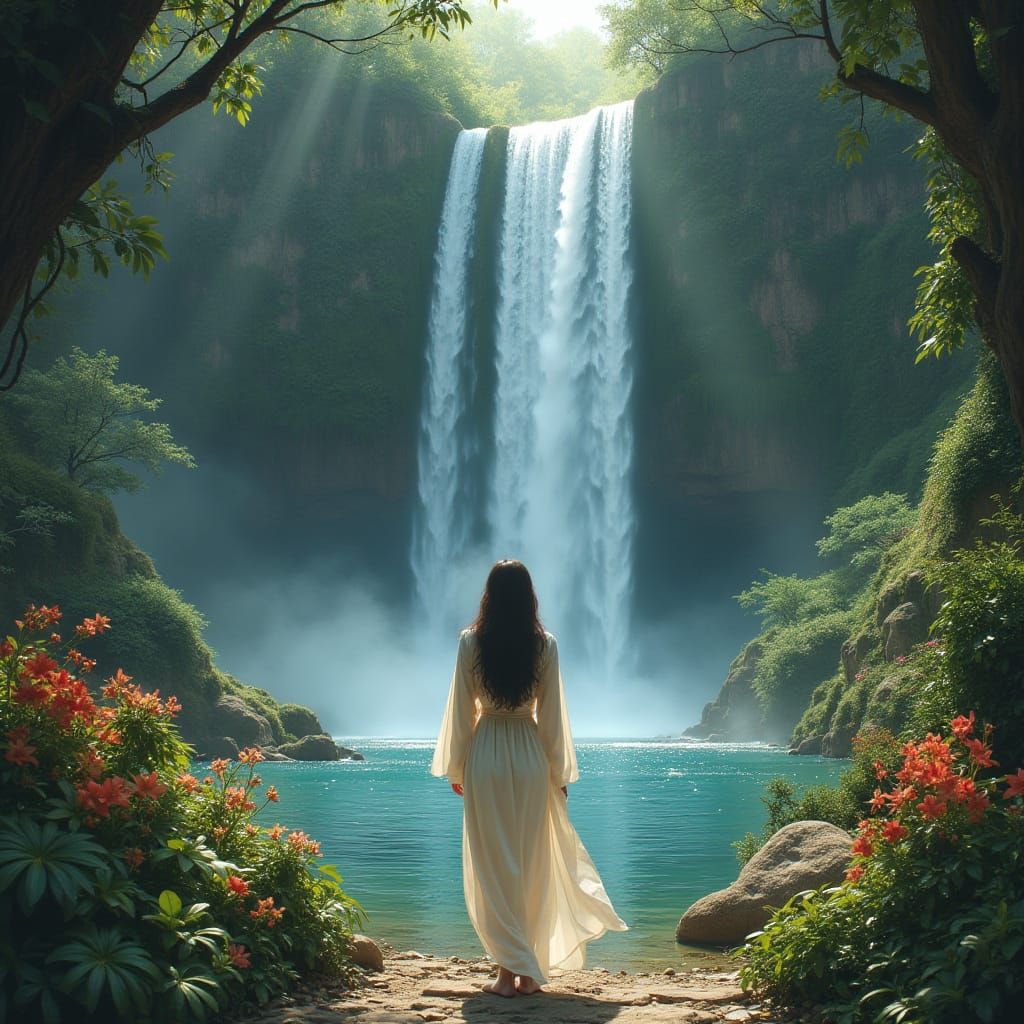 Serene Woman at Waterfall: Hyperrealistic Digital Painting