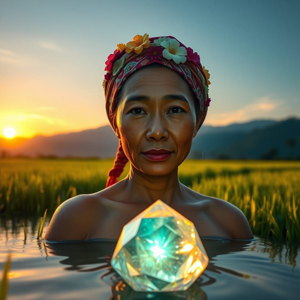 Indonesian Woman in a Serene Rice Paddy Landscape