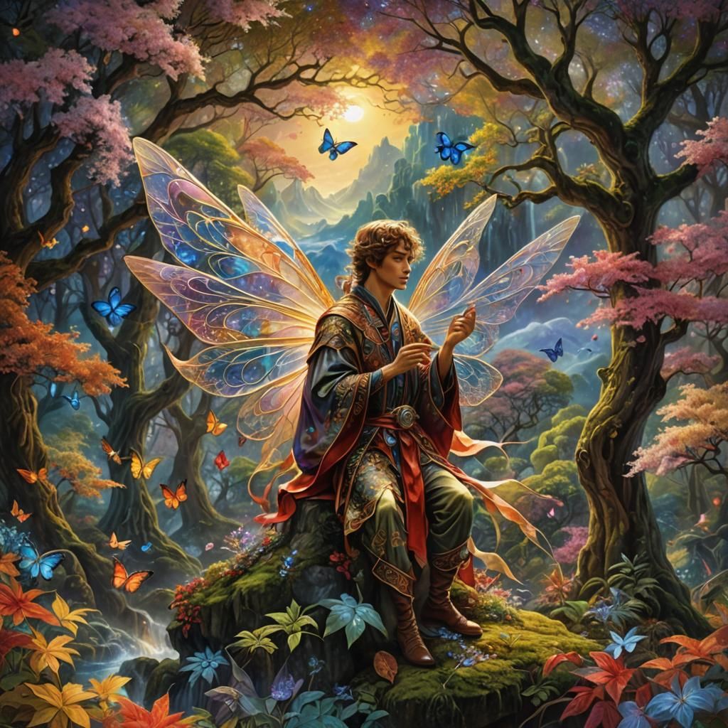 Fairy Man with Glass Wings in Maximalist Forest