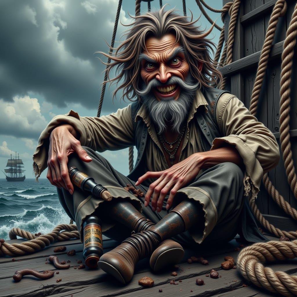 Weathered Pirate Clutches Rum on Creaky Dock Pier