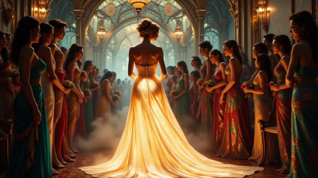 Radiant Bride in Luminescent Gown, Art Nouveau Style