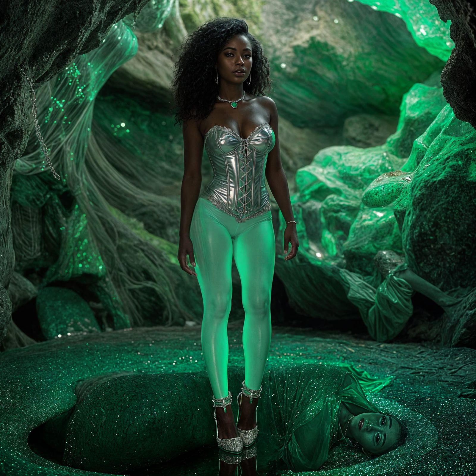 Voluptuous Woman in Green Pantyhose in Crystalline Cave