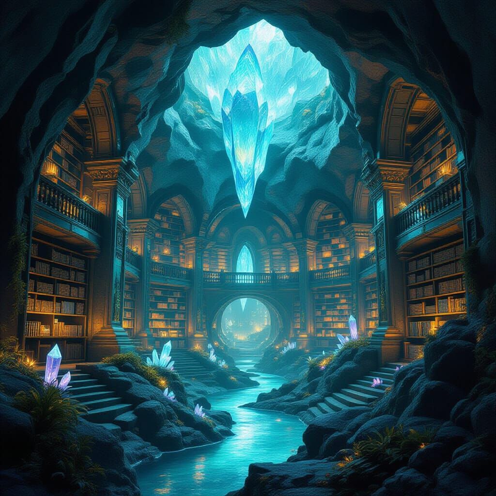 Ancient Geode Library Illuminated by Crystals