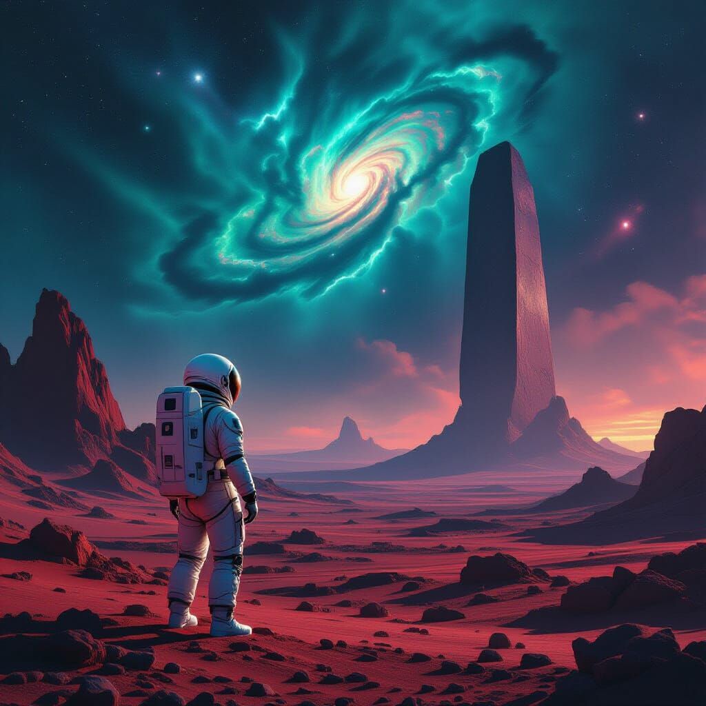 Astronaut on Alien Planet Gazing at Cosmic Nebula