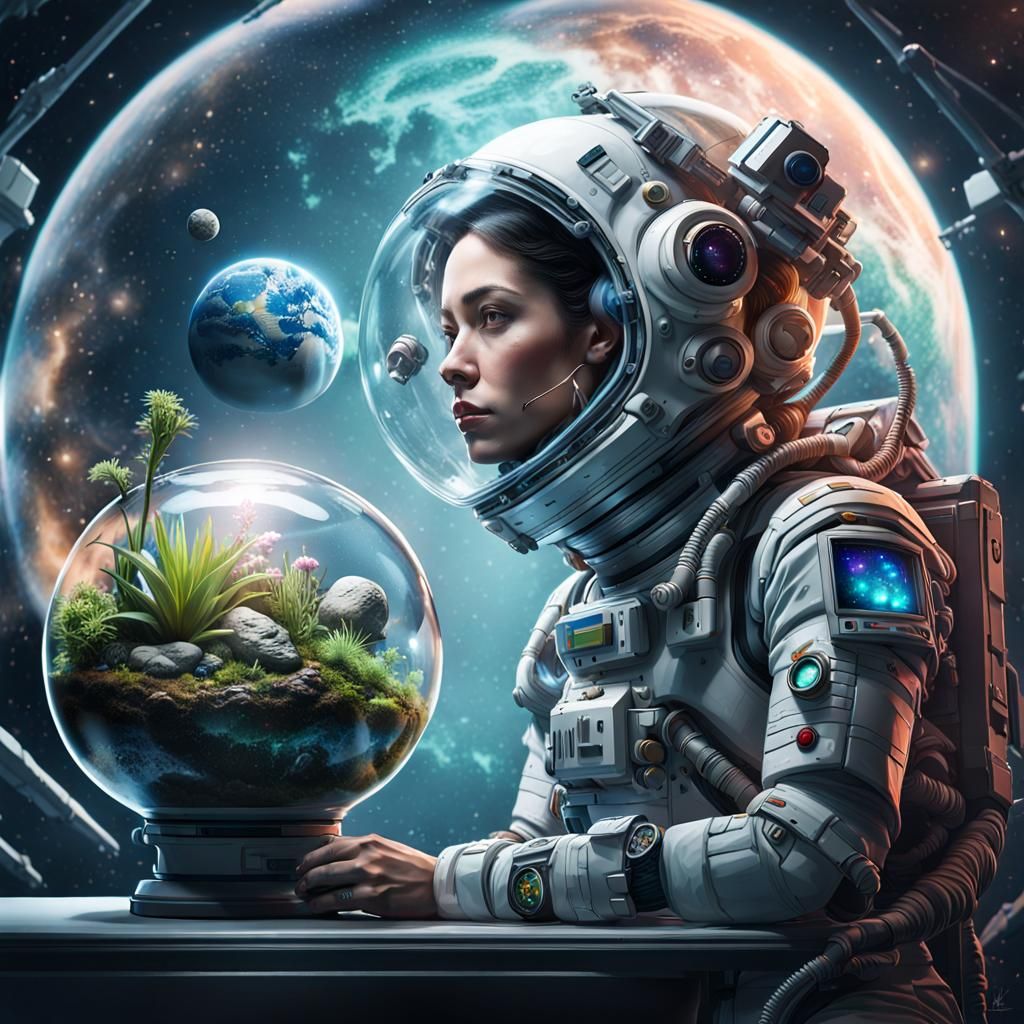 Cyborg Gardener on Space Station in Sci-Fi Art