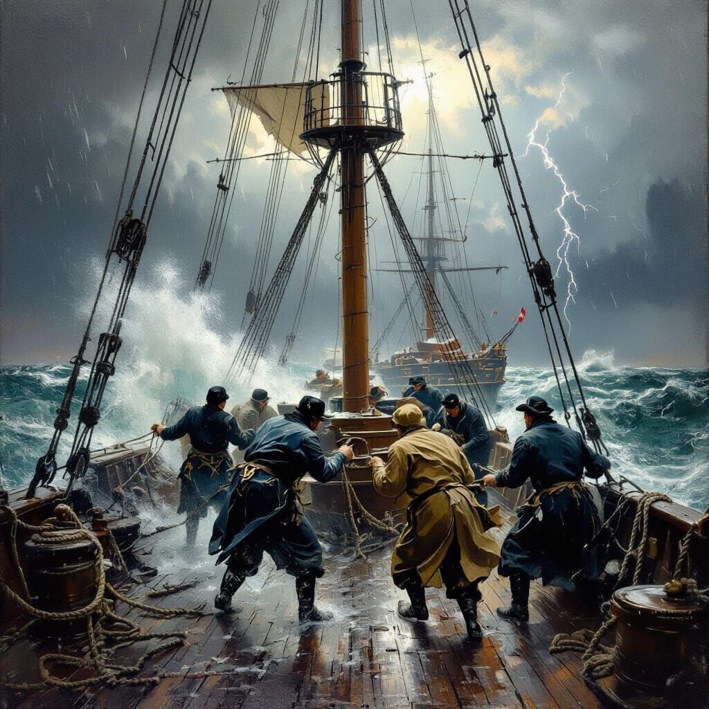19th Century Warship in Stormy Seas: Realistic Painting