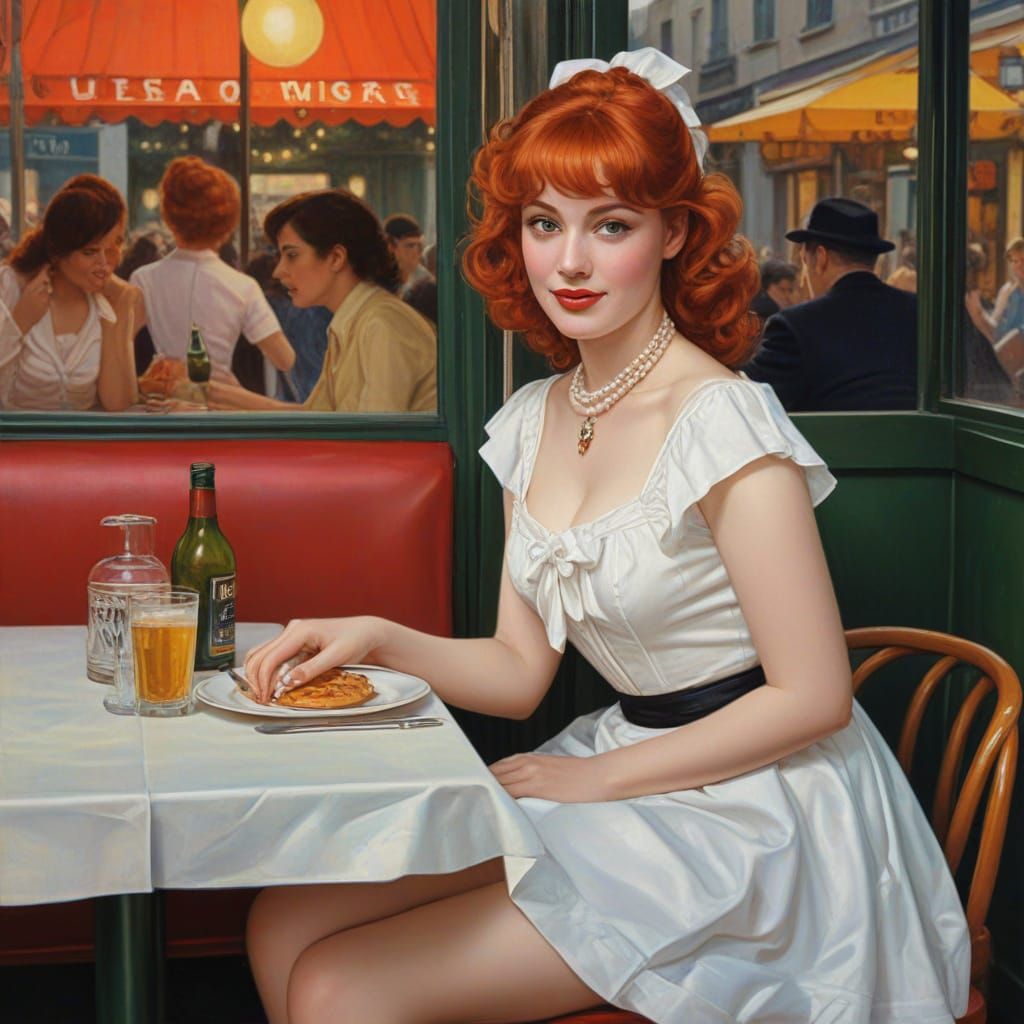 Redhead in Paris Cafe: Impasto and Hyperreal Glamour