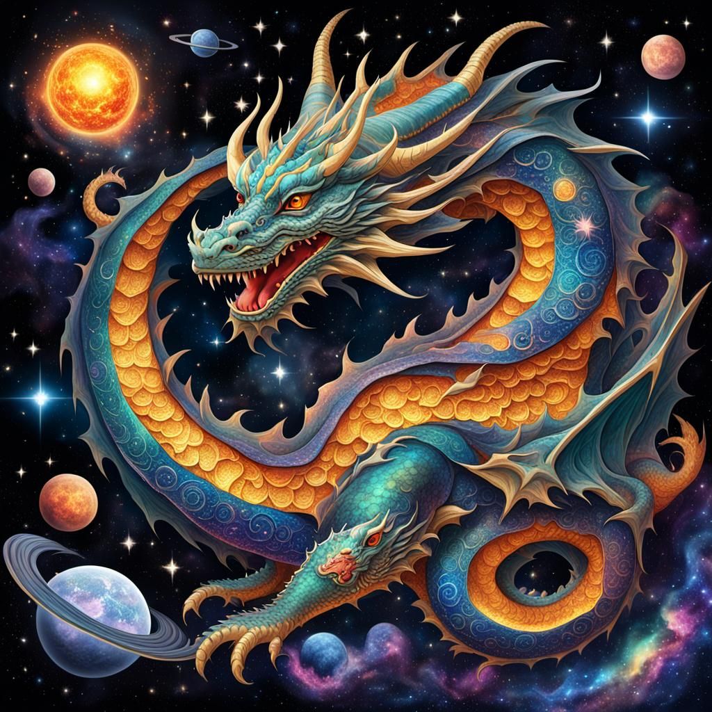 Cosmic Dragon Hoarding Celestial Bodies