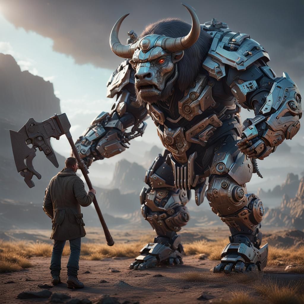 Buffalo-Headed Mech Warrior in a Sci-Fi Landscape