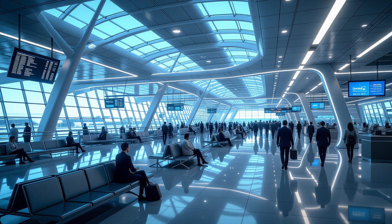 Bustling Futuristic Airport Terminal with Advanced Technolog...