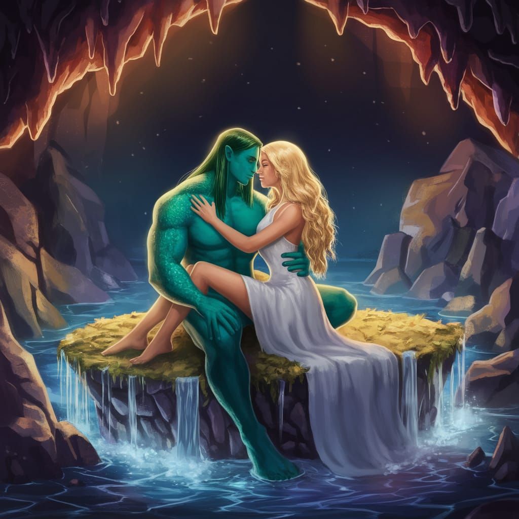 A Muscular Green-Scaled Man and Blonde Woman Embrace in an U...