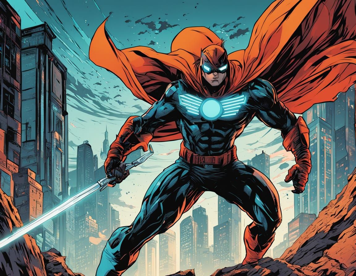 Heroic Futuristic Warrior in Dynamic Action Pose