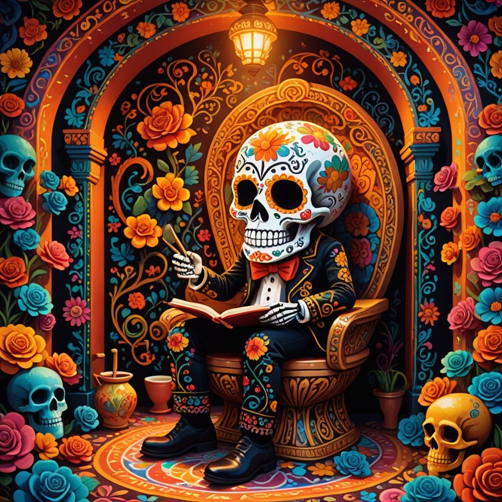 Surreal Toilet Scene in Whimsical Mexican Folk Art Style