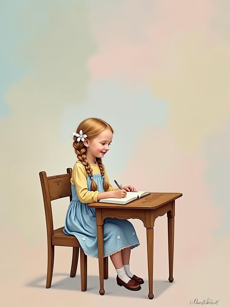 Girl Writing in a Meadow, Pre-Raphaelite Style