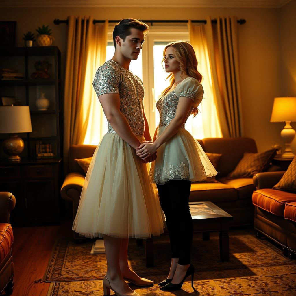 Chiseled Man in Sequin Dress with Gentle Moment