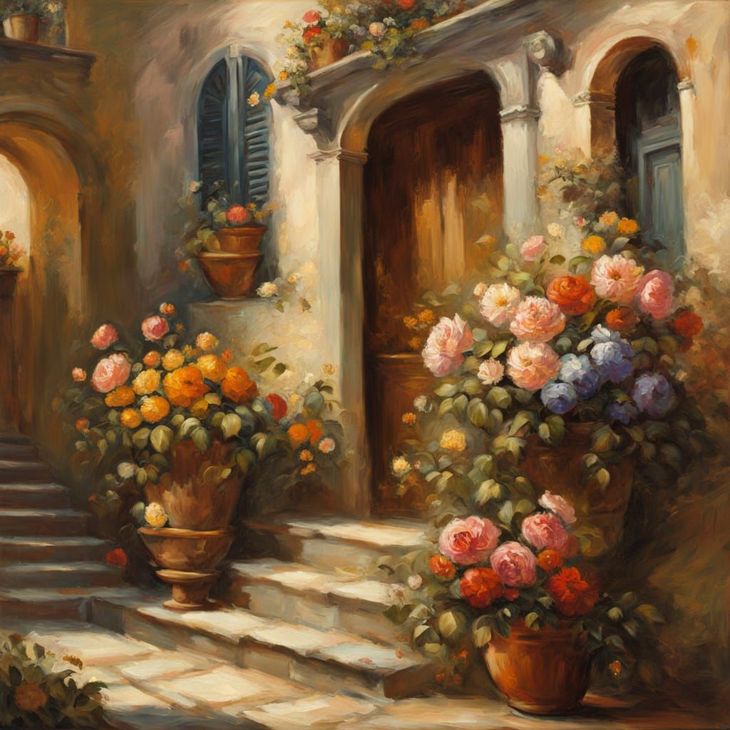 Baroque Alleyway with Vibrant Flowers in Oil Painting Style