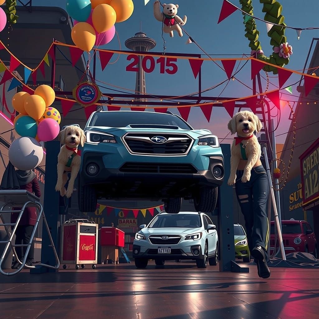 Futuristic Repair Shop Celebration in Vibrant Pastel Hues