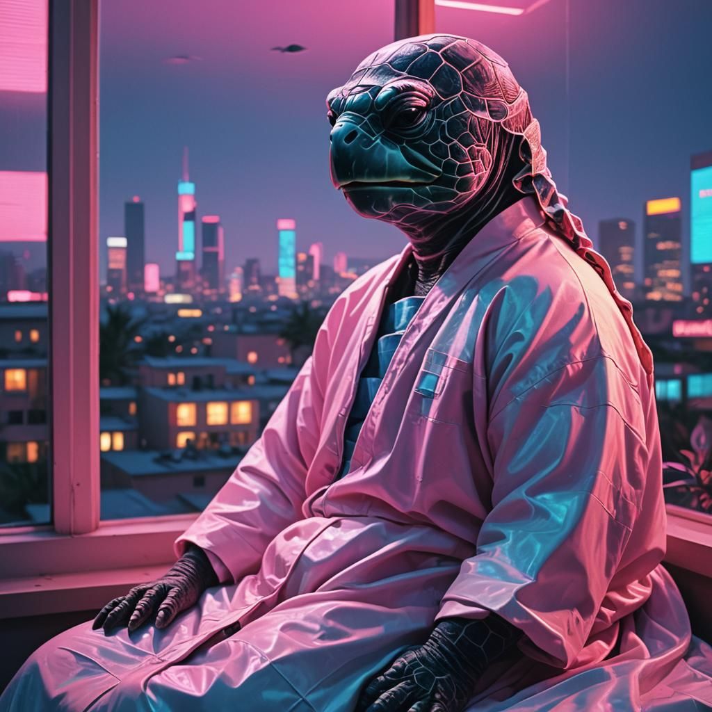 Retro Sea Turtle Gaze: Synthwave Neon Hospital Scene