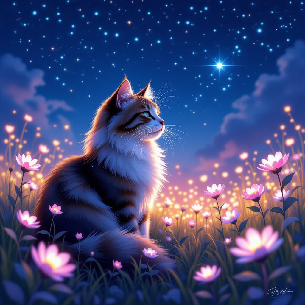 Cosmic Cat in Bioluminescent Garden Under Starry Sky