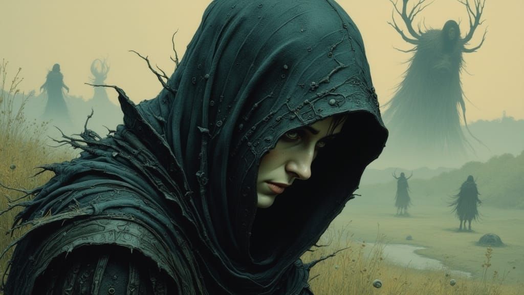 Shadow Figure Hiding from Looming Entities in Hazy Landscape