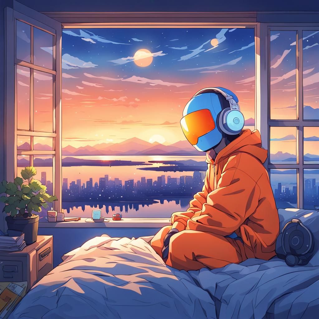 Anime Robot Sleeps in Room with Sunset View